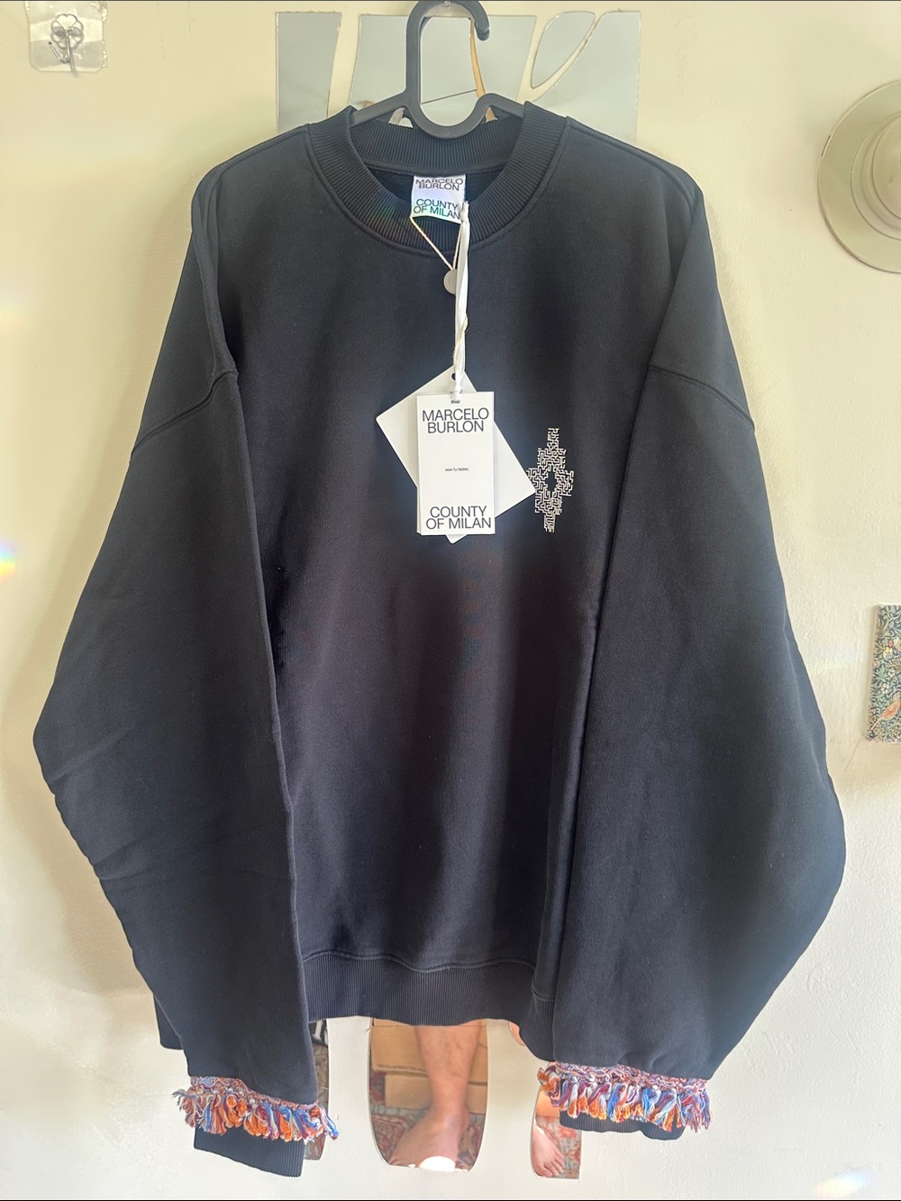 Marcelo Burlon County of Milan Black Sweater with Multicolor Fringe